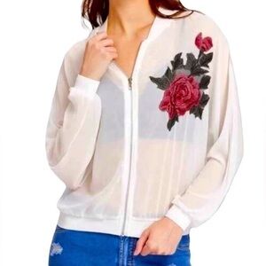 Vintage White Sheer Rose Applique Bomber Jacket